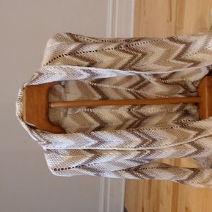 Small lucky brand long knit cardigan with belt cream tan brown chevron boho feel